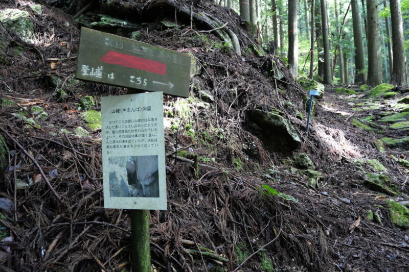 山姥洞窟の説明板と道標