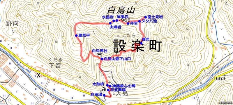 白鳥山ハイキングルート（出典：国土地理院ウェブサイト・地理院タイルを加工して作成）