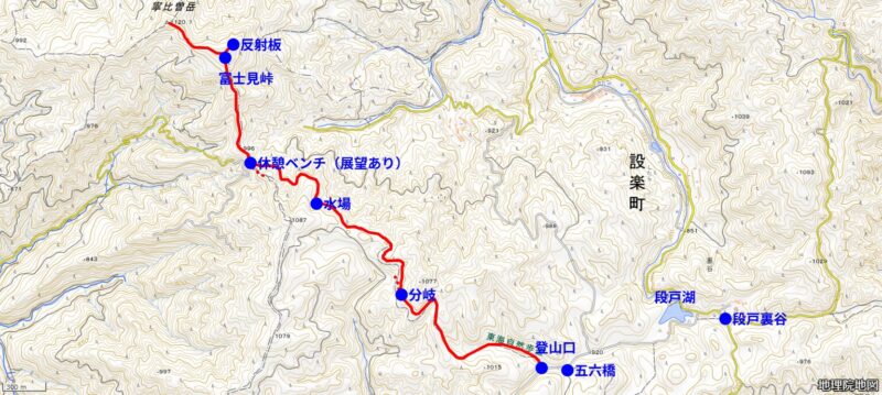 裏谷登山ルート（出典：国土地理院ウェブサイト・地理院タイルを加工して作成）