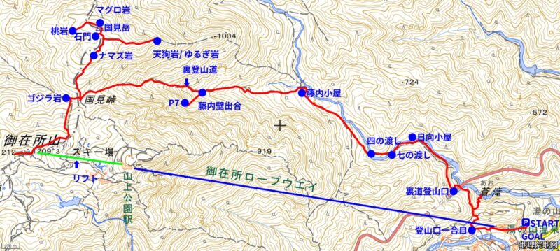 裏登山道（出典：国土地理院ウェブサイト・地理院タイルを加工して作成）