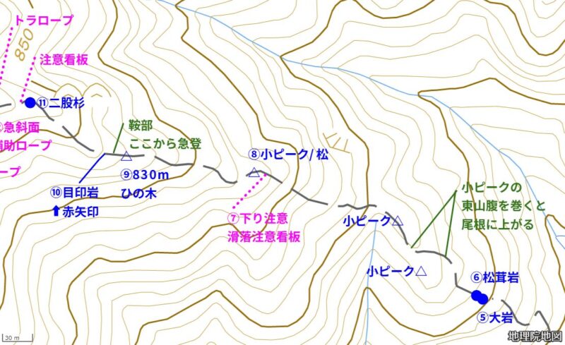 一ノ谷新道下部(出典:国土地理院ウェブサイト・地理院タイルを加工して作成)