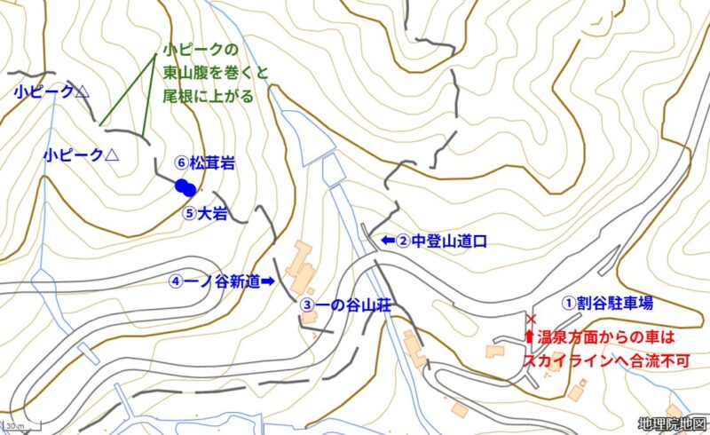 一ノ谷新道登山口へのアプローチ(出典:国土地理院ウェブサイト・地理院タイルを加工して作成)